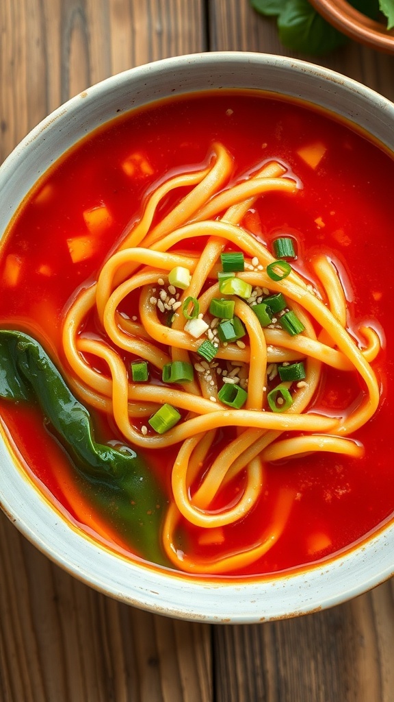A bowl of tomato udon noodle soup with udon noodles, bell peppers, spinach, garnished with green onions and sesame seeds.